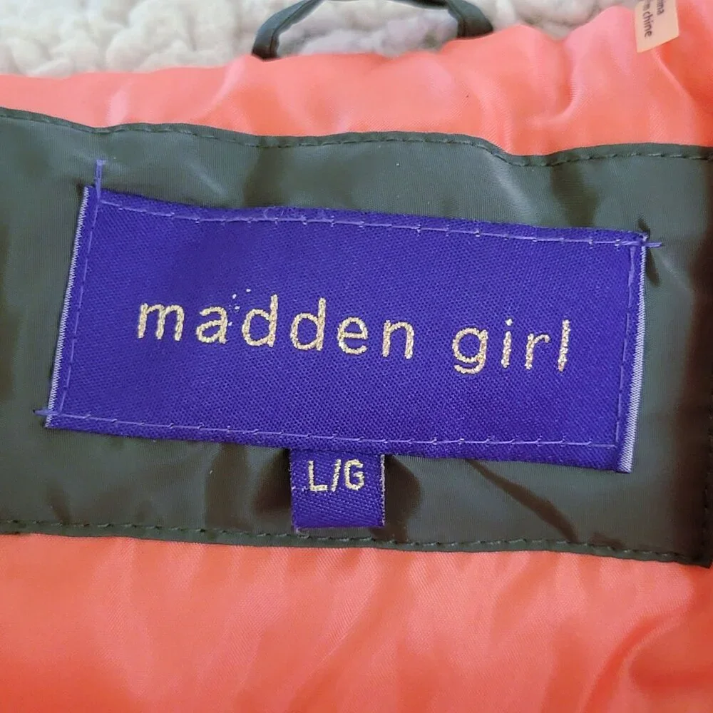 Madden Girl Anorak Olive Green Faux Fur Hooded Jacket L - Picture 5 of 8